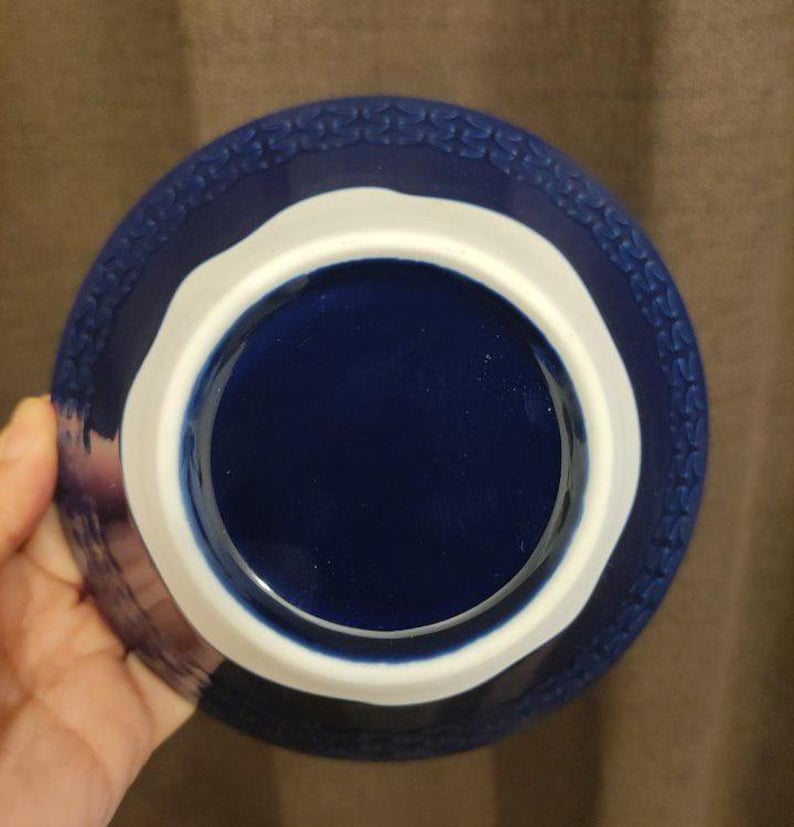 Pu&ograve; includere: Una ciotola in ceramica blu e bianca con un bordo decorativo. La ciotola &egrave; profonda e ha un interno bianco.