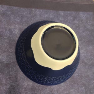 Pu&ograve; includere: Una ciotola in ceramica blu e bianca con un motivo decorativo attorno al bordo. La ciotola &egrave; vuota.