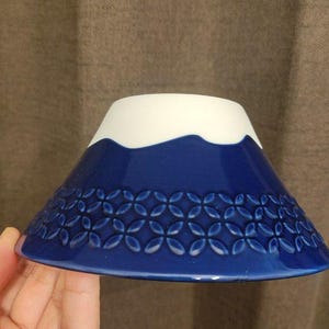 Pu&ograve; includere: Una ciotola in ceramica blu e bianca con un design a forma di montagna e un bordo bianco. La ciotola ha un motivo di piccoli fiori blu sul fondo.