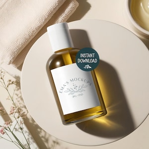 Cosmetic label mockup, clear bottle, 3" x 2.5" rectangular label, wellness background 167