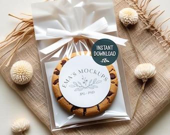 Chocolate chip cookie sticker mockup, sweet wedding favor label display,jute fabric 90