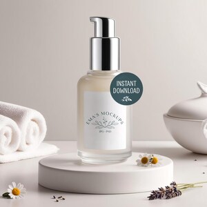 May include: A clear glass bottle with a silver pump dispenser, labeled with "Ema's Mockups" and a floral design, sits on a white platform. The bottle is surrounded by white towels, daisies, and lavender sprigs. A teal circle reads "Instant Download".