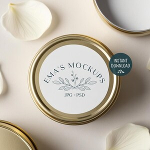 Round sticker mockup, matte gold candle tin, gift and favor label, product packaging 06