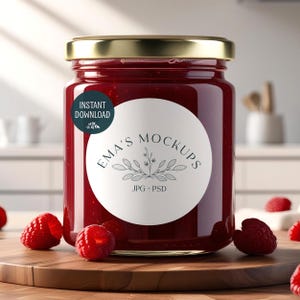 Round sticker mockup, raspberry jam glass jar with gold lid over a wood cutting board with fruit around, housewarming gift label display 33