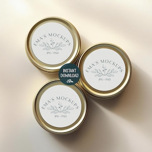 Metal tin label mockup, round sticker candle template, product sticker display 44