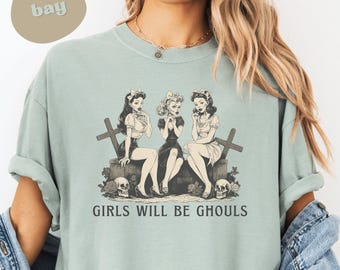 Comfort Colors Girls Will Be Ghouls T-Shirt, Vintage Zombie Pinup Halloween Tee