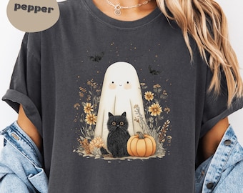 Comfort Colors Ghost Cat T-Shirt, Retro Halloween Tee