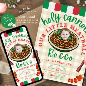 Convite de aniversário Holy Cannoli Our Little Meatball | Convite com foto personalizada | Tema italiano para aniversário | Convite personalizado para 1º aniversário