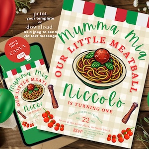 Convite de aniversário da Mumma Mia | Festa de primeiro aniversário com tema italiano | Modelo editável | convite para almôndega pequena | convite para o primeiro aniversário de um menino