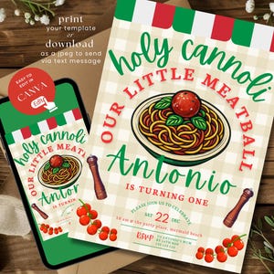Convite de aniversário Holy Cannoli Our Little Meatball - Convite de aniversário infantil com tema italiano - convite de aniversário com almôndega - Download instantâneo
