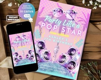 May include: A pink and blue birthday party invitation with the text "Party Like a Pop Star" and "Come Celebrate Ashley's 7th Birthday". The invitation features a pair of sunglasses, palm trees, and a microphone.