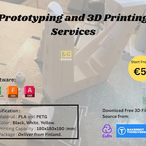 Puede incluir: Imagen que promociona servicios de impresión 3D. El texto dice "Prototipado y servicios de impresión 3D". Las especificaciones incluyen materiales PLA y PETG, colores negro, blanco y amarillo, y una capacidad de impresión de 180x180x180 mm. Incluye logotipos de software y un precio "A partir de".