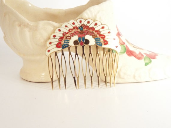 Beautiful Cloisonne Enamel Peacock Side Hair Comb