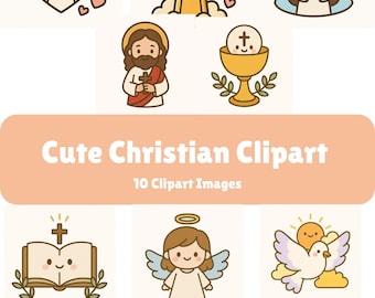 May include: A collection of cute Christian clipart images. The images include an angel in a heart, a cross with hearts, the Virgin Mary, Jesus, a chalice, an open book, a rosary, a dove, and a cross with a book and candle.