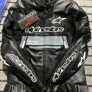 Handmade Alpinestars genuine Cowhide Leather Jacket One Goal One Vision Biker Racing Leather Jacket with CE Approved Protection
