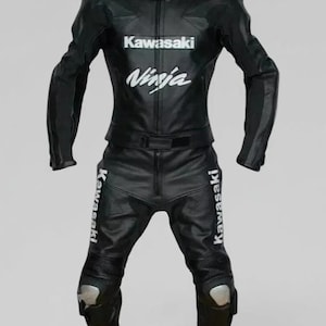 Handmade Kawasaki Motorbike Original Cowhide Leather Suit, Kawasaki Racing Motorcycle custom leather suits