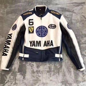 Yamaha Racing Leather Motorcycle Jacket: Vintage Biker Style, CE Armor