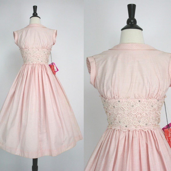 Vintage 50s Dress NOS w/ Tags Never Worn Vicky Vaughn Label Pink Party Dress Lace Rhinestones Shelf Bust 1950s Dresses -pls see condition
