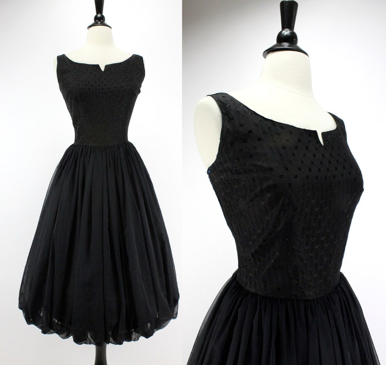50s Vintage Dress Cocktail Party Black Bubble Skirt Nylon image 0