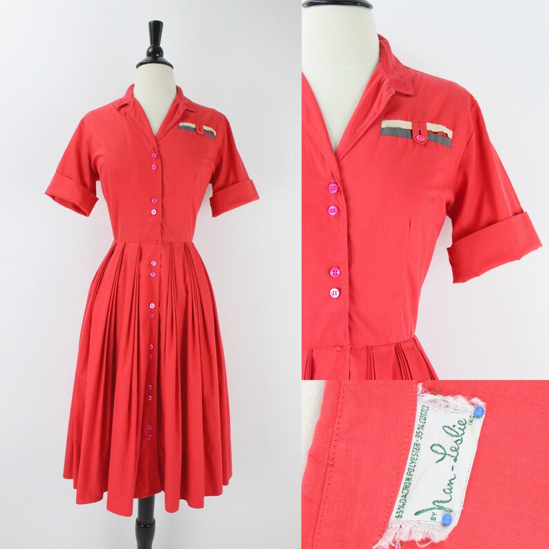 50s Vintage Dress Shirtwaist Pleated Full Skirt Nan Leslie image 0