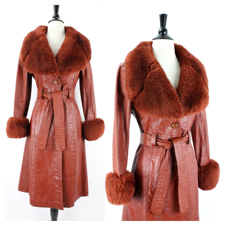 70s Coat Vintage Leather Sheared Fur Huge Collar Cuffs image 0