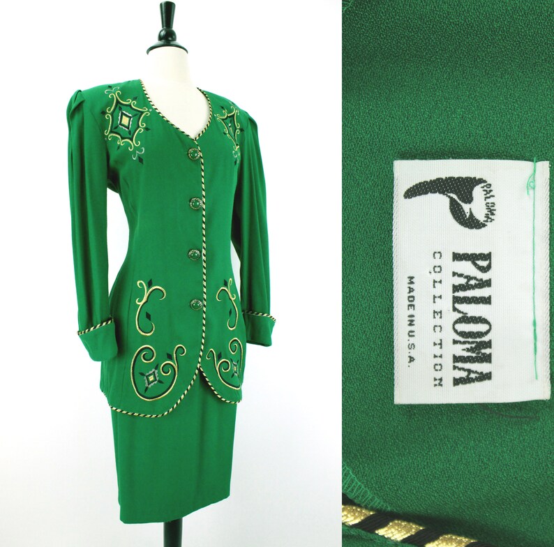 Vintage 80s Paloma Skirt Suit Kelly Green Crepe Gold & Black image 0