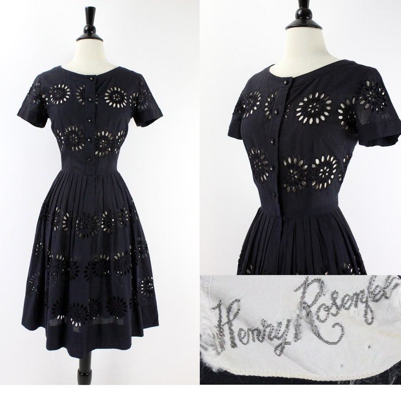50s Vintage Dress Henry Rosenfeld Starburst Black Cotton image 0