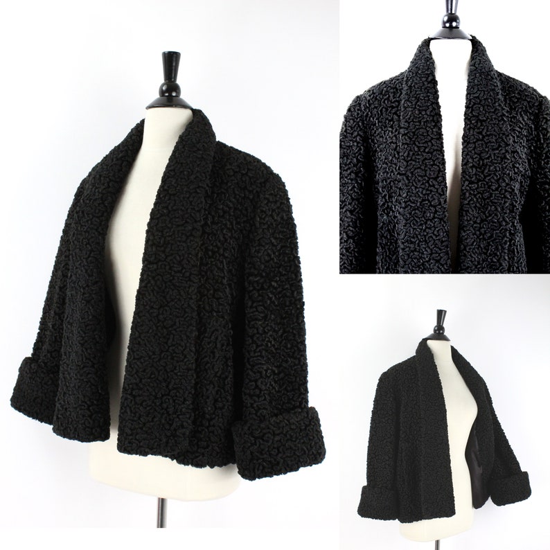 Vintage 40s Jacket L XL Misses Black Faux Curly Lamb Wide image 0