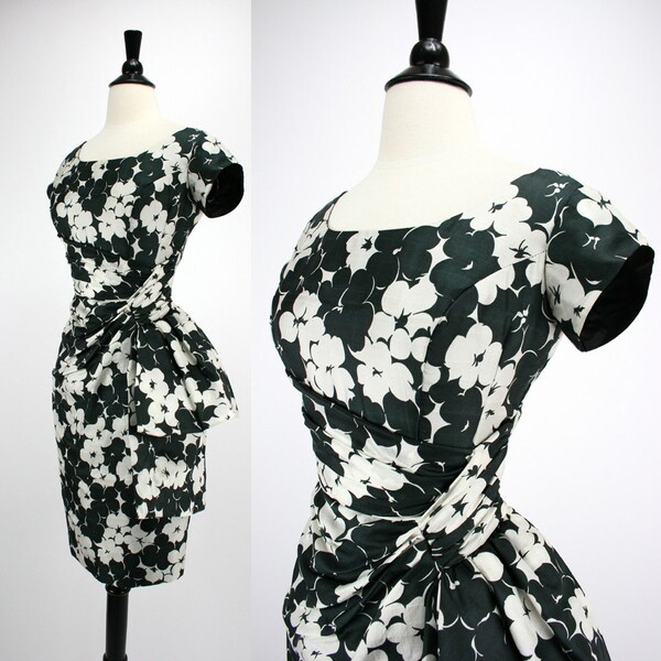 50s Dress Vintage Bombshell Cocktail Party Dress Swagged Shelf Bust Hip Peplums Silk Shantung Black & White Abstract Floral 1950s Dresses
