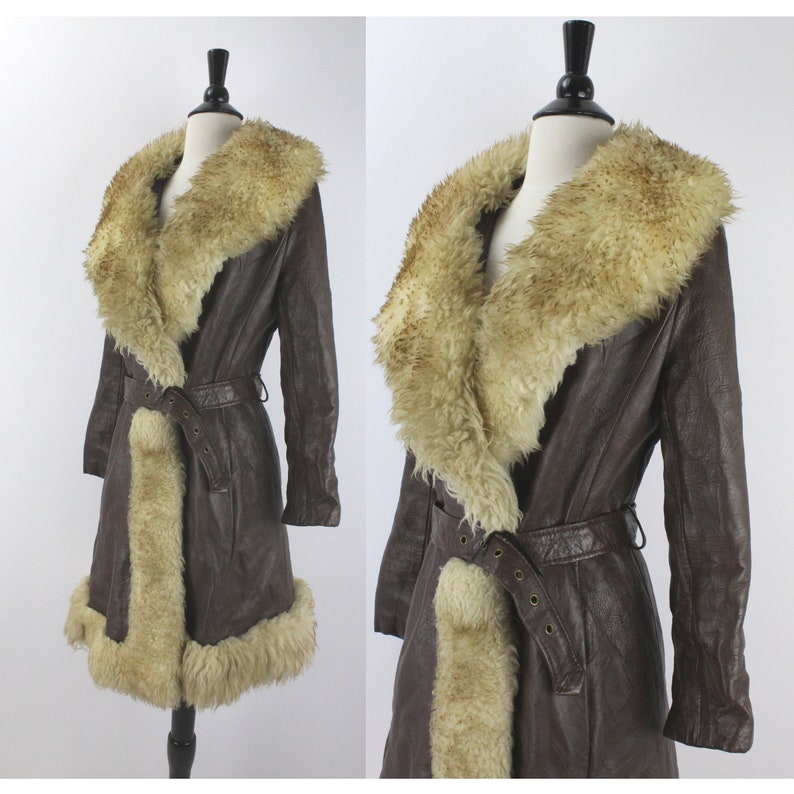 70s Vintage Leather Wrap Coat Faux Shearling Steampunk image 0