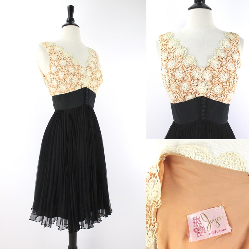 60s Cocktail Party Dress Vintage Black Chiffon Pleated Skirt image 0
