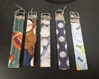 Handmade Cotton Keychain Wristlet, Sports Themed Key Fob
