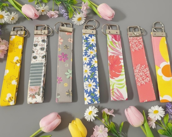 Handmade Cotton Keychain Wristlet, Spring Themed Key Fob