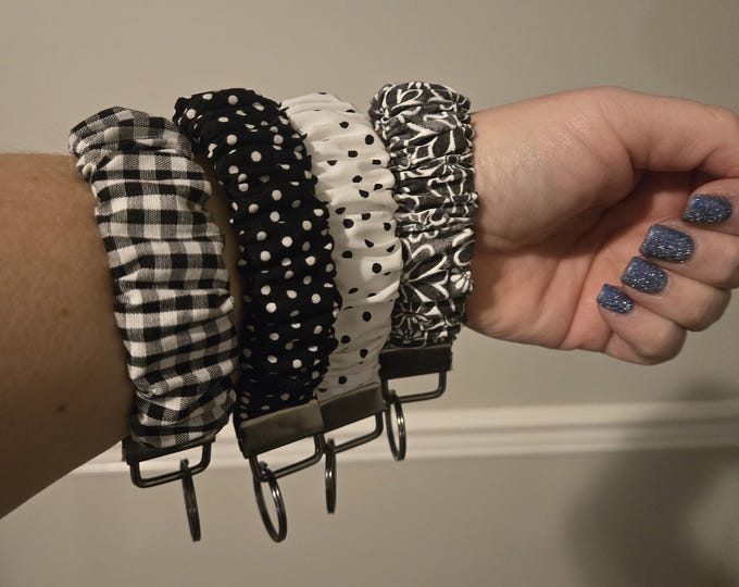 Handmade Cotton Scrunchie Keychain Wristlet, Black & White Themed Key Fob
