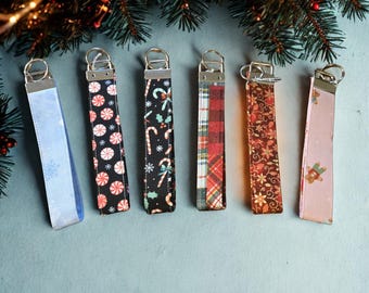 Handmade Cotton Keychain Wristlet, Christmas Themed Key Fob