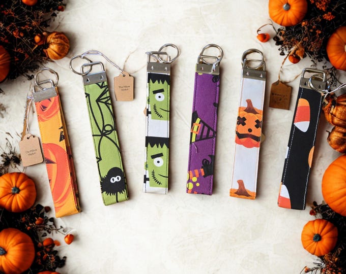 Handmade Cotton Keychain Wristlet, Halloween Themed Key Fob