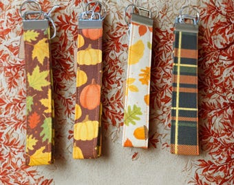 Handmade Cotton Keychain Wristlet, Fall Themed Key Fob