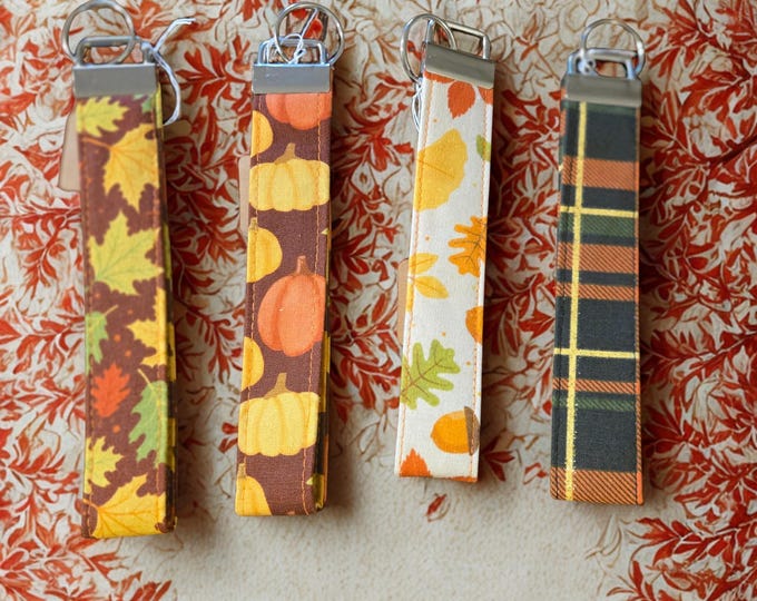 Handmade Cotton Keychain Wristlet, Fall Themed Key Fob