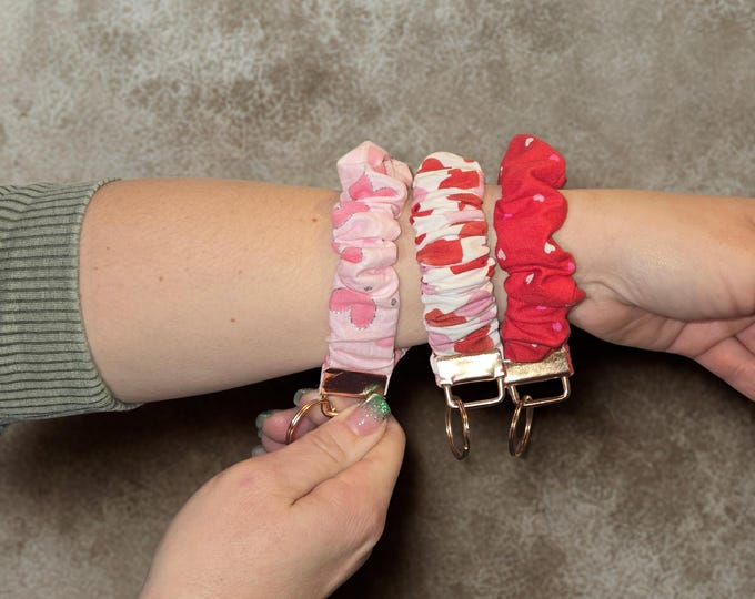 Handmade Cotton Scrunchie Keychain Wristlet, Heart Themed Key Fob