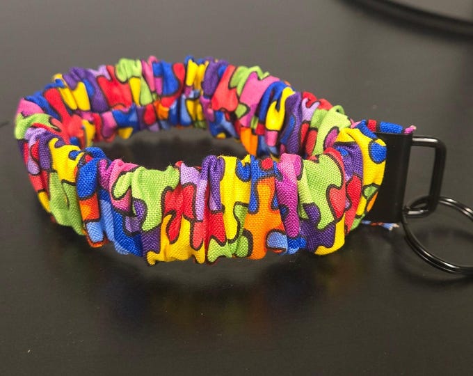 Handmade Cotton Scrunchie Keychain Wristlet, Autism Awareness Key Fob