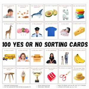 100 tarjetas de tareas de SÍ o NO, tarjetas didácticas para clasificar preguntas / Terapia del habla, autismo, ABA, tarjetas fotográficas