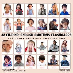 32 EMOÇÕES Filipino-Inglês, Sentimentos Infantis | Cartões de Vocabulário Bilíngue Imprimíveis com Imagens Reais | Flashcards de Tradução Tagalog