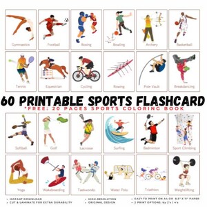 60 枚のスポーツのイラスト付き印刷可能なフラッシュカード、オリンピック ゲーム カード | 就学前教育アクティビティ、幼児向けマッチング、即時デジタル ダウンロード