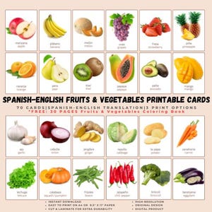 70 Fruits & Vegetables SPANISH-ENGLISH with Real Pictures | Bilingual Printable Flashcards Instant Download Montessori Classroom Homeschool