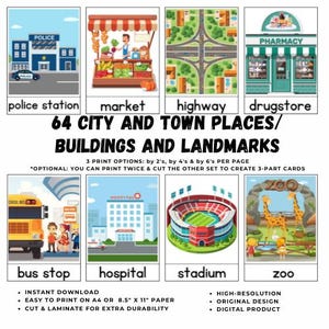 May include: A printable set of 64 colourful illustrations of city and town places and landmarks. The illustrations include a police station, market, highway, drugstore, bus stop, hospital, stadium, and zoo. The text "64 City and Town Places/Buildings and Landmarks" is at the top of the page. The text "3 Print Options: by 2's, by 4's & by 6's per page" is below the title. The text "*Optional: You can print twice & cut the other set to create 3-part cards" is below the print options.