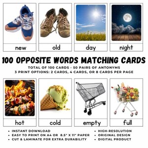 100 antonymes cartes assorties imprimables | 50 paires de mots opposés avec de vraies images | Langue et grammaire | Jeu d'alphabétisation Montessori pour l'école à la maison