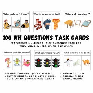 100 WH-vragenkaarten, taakkaarten logopedie bijpassende functies, speciaal onderwijs autisme afdrukbaar, ABA-afbeelding multiple choice