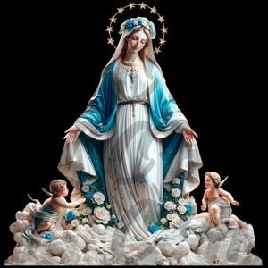 Puede incluir: Ilustración digital de una figura religiosa con túnica blanca y manto azul, adornada con una corona floral y un halo. Dos querubines se sitúan en la base, rodeados de rosas blancas y azules, todo sobre un fondo negro.