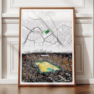 TD Garden Stadion Poster, Boston Celtics NBA Poster, Boston Karte Ästhetisches Dekor, digitale Schwarzweiß-Basketball-Kunst, Geschenk für Ihn Sie