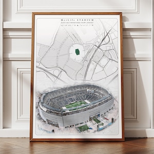 Affiche MetLife Stadium, art mural numérique football, idées cadeaux pour les fans des Jets de New York, Jets de New York modernes du milieu du siècle, carte de la ville des États-Unis, affiche